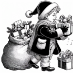 Page à colorier d’un enfant en vacances, chanteur de Noël ouvrant des cadeaux