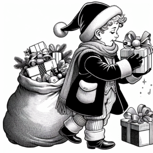 Coloring page of a holiday child, caroler opening presents