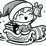 Page à colorier d’un enfant en vacances, distributeur de cadeaux volant dans un traîneau