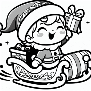 Coloring page of a holiday child, gift giver flying in a sleigh