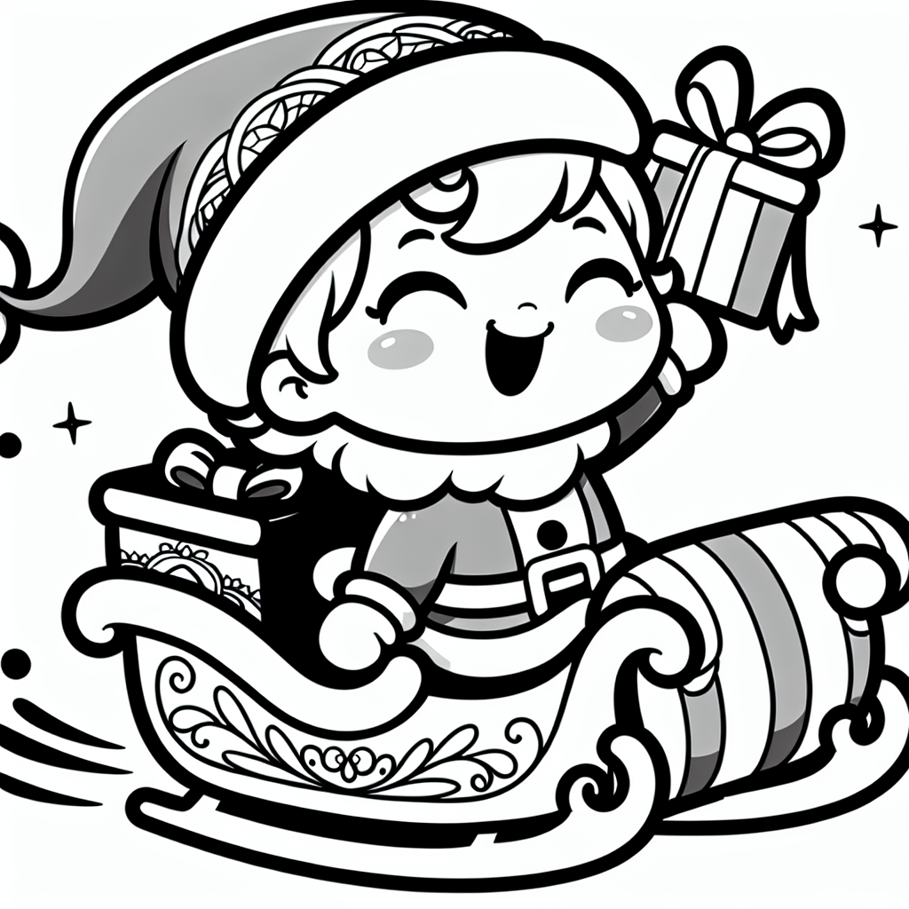 Coloring page of a holiday child, gift giver flying in a sleigh
