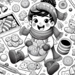 Coloring page of a holiday child, toy maker baking cookies