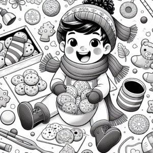 Coloring page of a holiday child, toy maker baking cookies