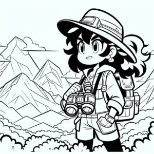 Coloring page of a intrepid female traveler, cave explorer standing on a mountain peak