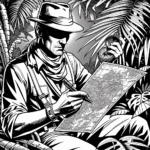 Coloring page of a jungle adventurer, cave explorer looking at a map