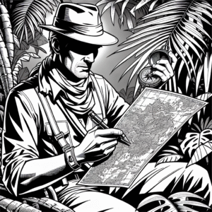 Coloring page of a jungle adventurer, cave explorer looking at a map