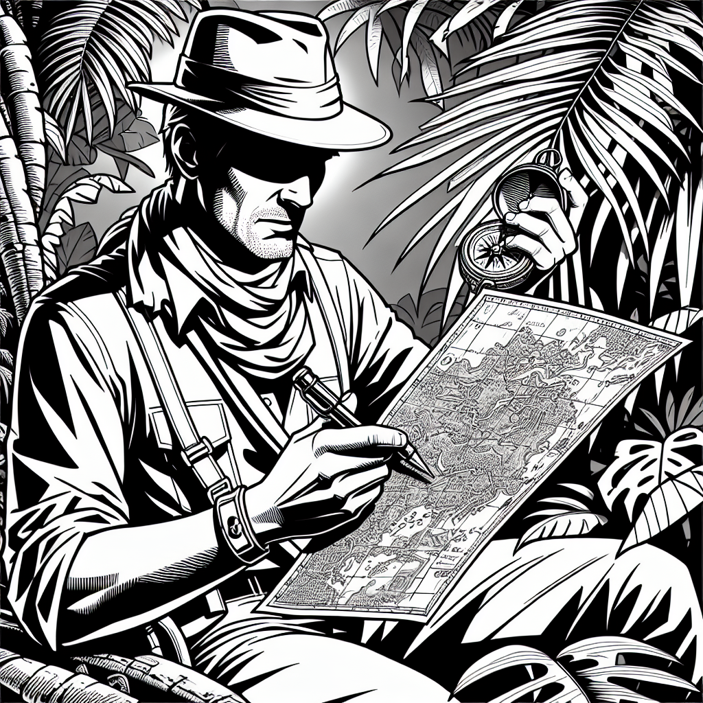 Coloring page of a jungle adventurer, cave explorer looking at a map