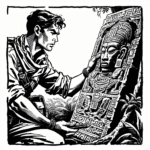 Coloring page of a jungle adventurer, map reader examining ancient carvings