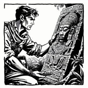 Coloring page of a jungle adventurer, map reader examining ancient carvings