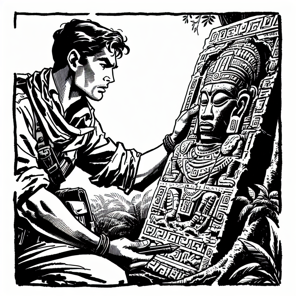 Page à colorier d'un aventurier de la jungle, lecteur de carte examinant d'anciennes gravures