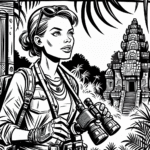 Coloring page of a jungle adventurer, timeworn relic seeker discovering a hidden temple