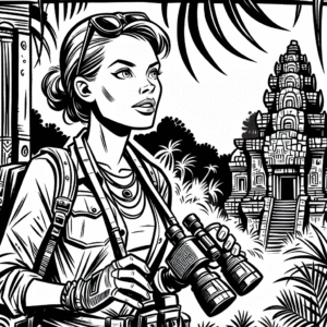 Coloring page of a jungle adventurer, timeworn relic seeker discovering a hidden temple