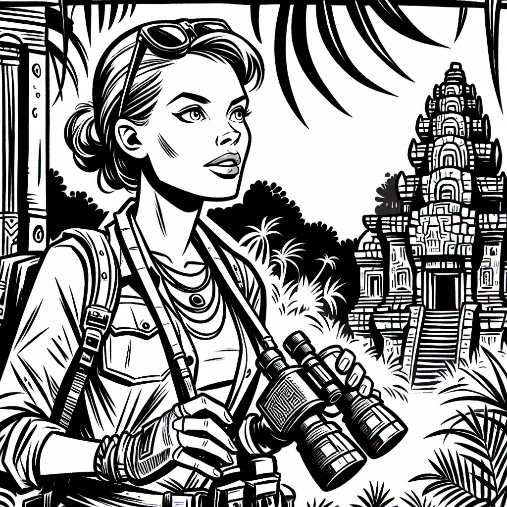 Page à colorier d'une aventurière de la jungle, chercheuse de reliques anciennes découvrant un temple caché