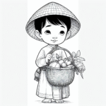 Coloring page of a child, family member holding a basket of vegetables