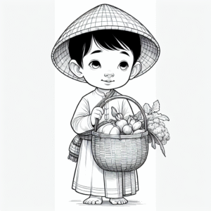 Coloring page of a child, family member holding a basket of vegetables