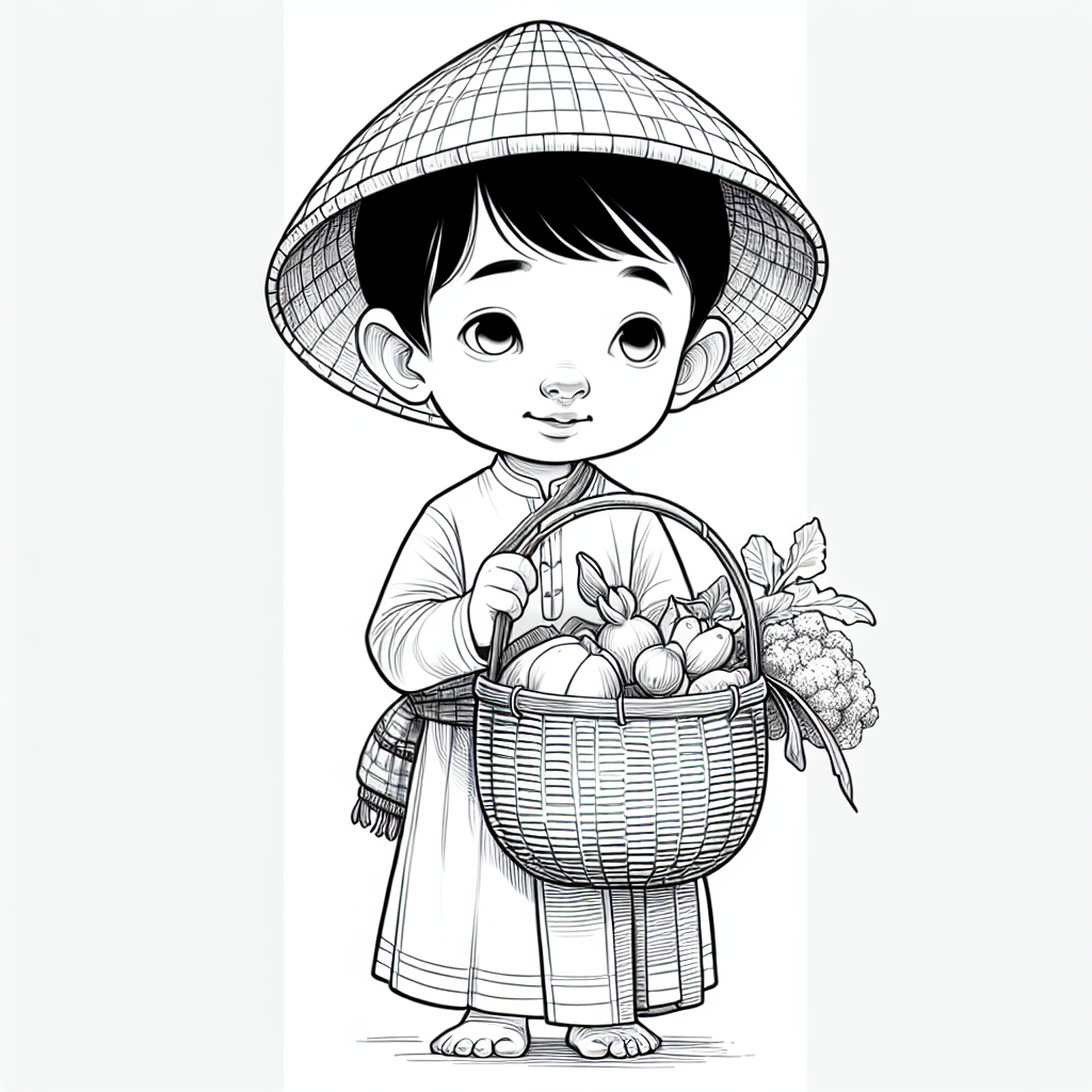 Page à colorier d'un enfant autochtone, membre de la famille tenant un panier de légumes