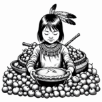 Coloring page of a child, harvest helper preparing a feast