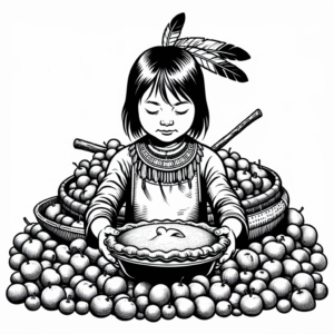 Coloring page of a child, harvest helper preparing a feast