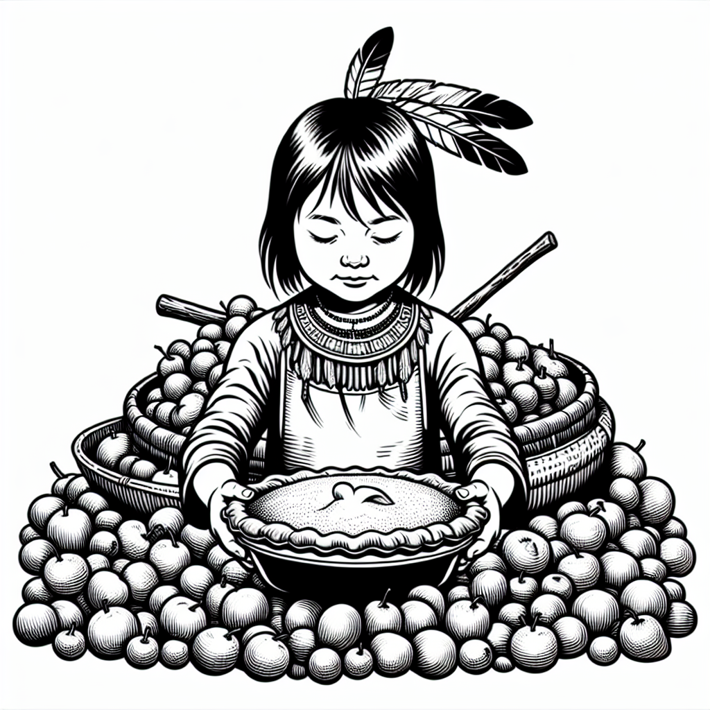 Page à colorier d'un enfant autochtone, aide à la récolte préparant un festin