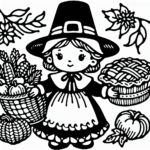 Page à colorier d’un enfant pèlerin, membre de la famille tenant un panier de légumes