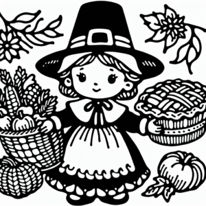Coloring page of a pilgrim child, family member holding a basket of vegetables