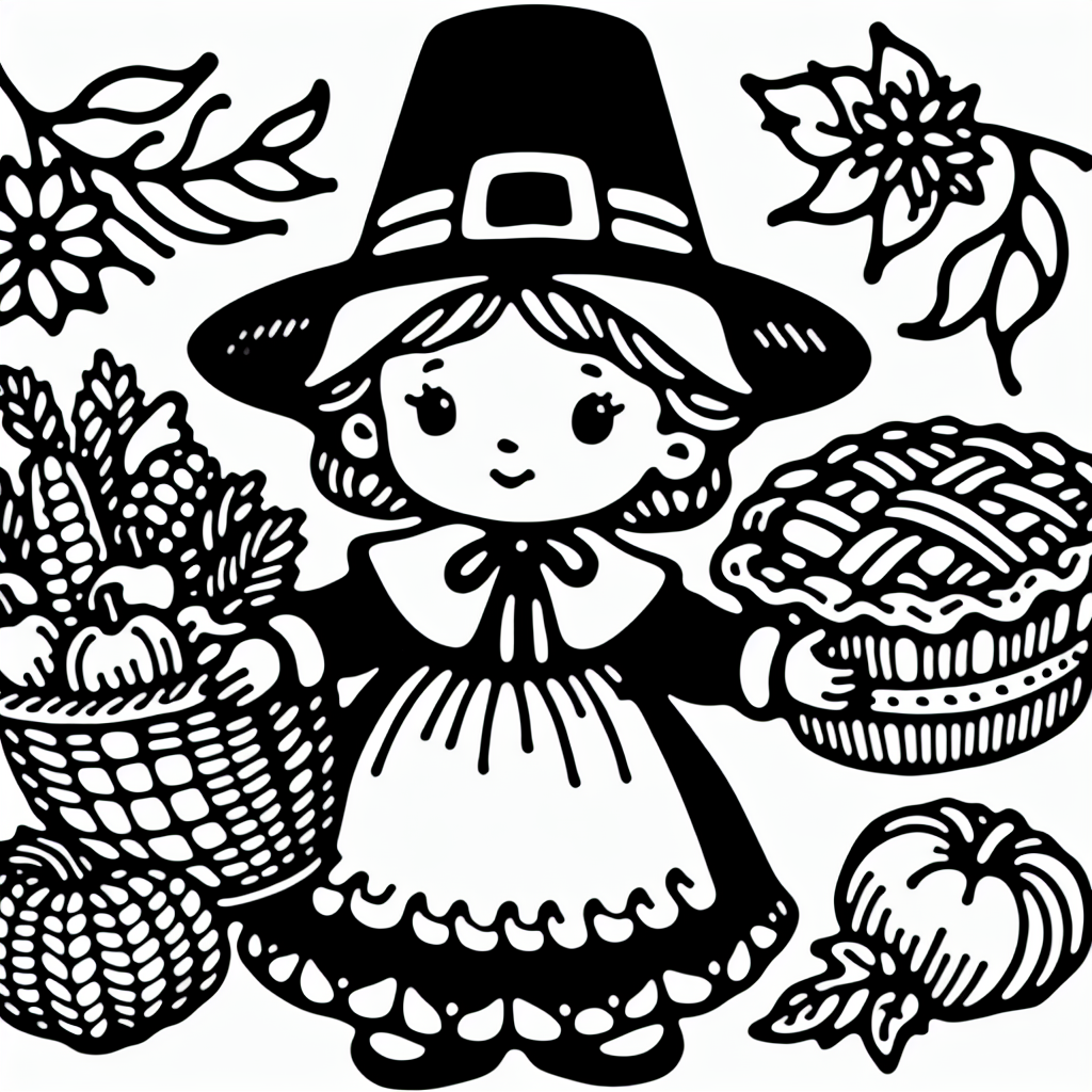 Coloring page of a pilgrim child, family member holding a basket of vegetables