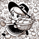 Page à colorier d’un enfant pèlerin, aide à la récolte ramassant des pommes