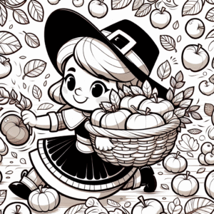 Coloring page of a pilgrim child, harvest helper gathering apples