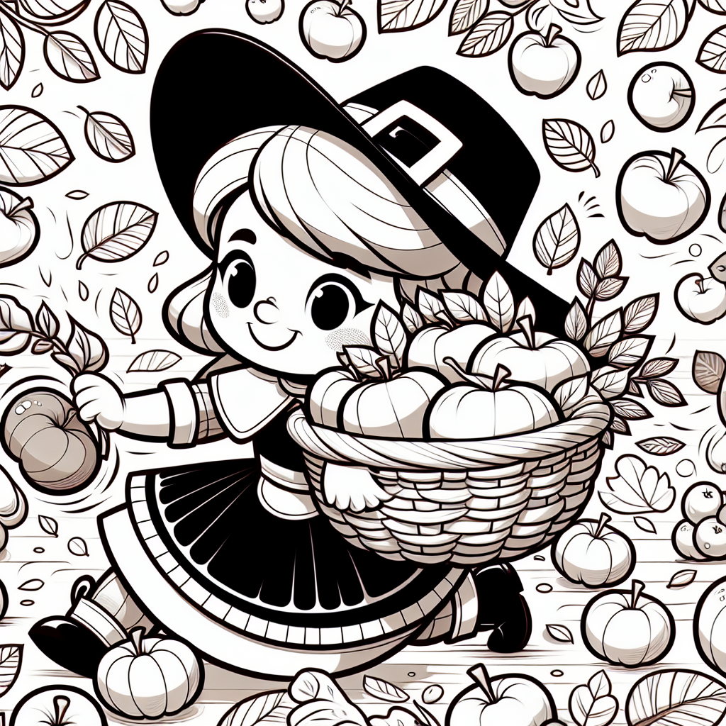 Coloring page of a pilgrim child, harvest helper gathering apples