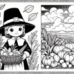 Page de coloriage d’un enfant pèlerin, assistant à la récolte tenant un panier de légumes