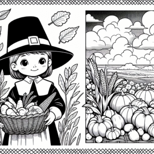 Coloring page of a pilgrim child, harvest helper holding a basket of vegetables