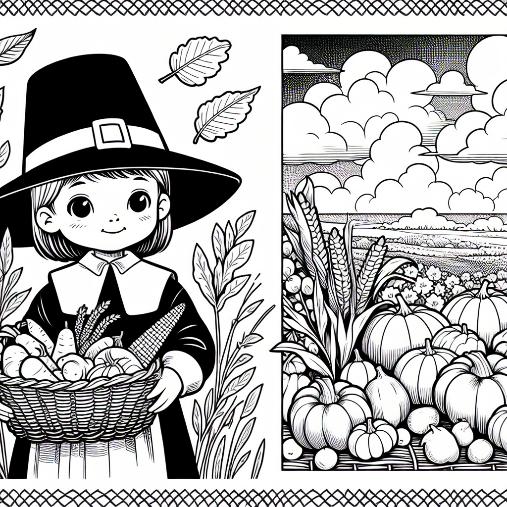 Coloring page of a pilgrim child, harvest helper holding a basket of vegetables