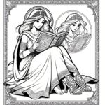Page à colorier d’une princesse, héroïne courageuse lisant un livre ancien