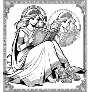 Coloring page of a princess, brave heroine reading an ancient book