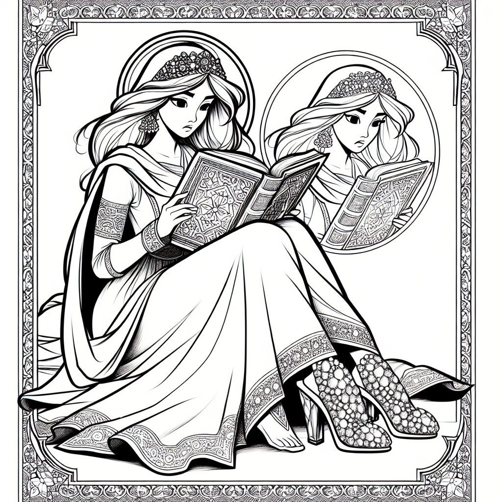 Coloring page of a princess, brave heroine reading an ancient book