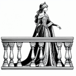 Page à colorier d’une princesse, charmante dirigeante se tenant sur un balcon