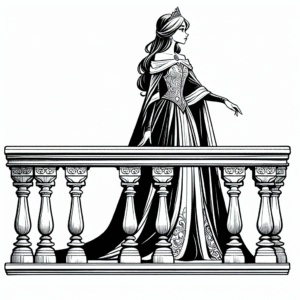 Coloring page of a princess, charming leader standing on a balcony