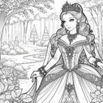 Page à colorier d’une princesse, règne bienveillant se promenant dans un jardin