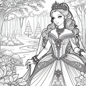 Coloring page of a princess, kind ruler walking in a garden