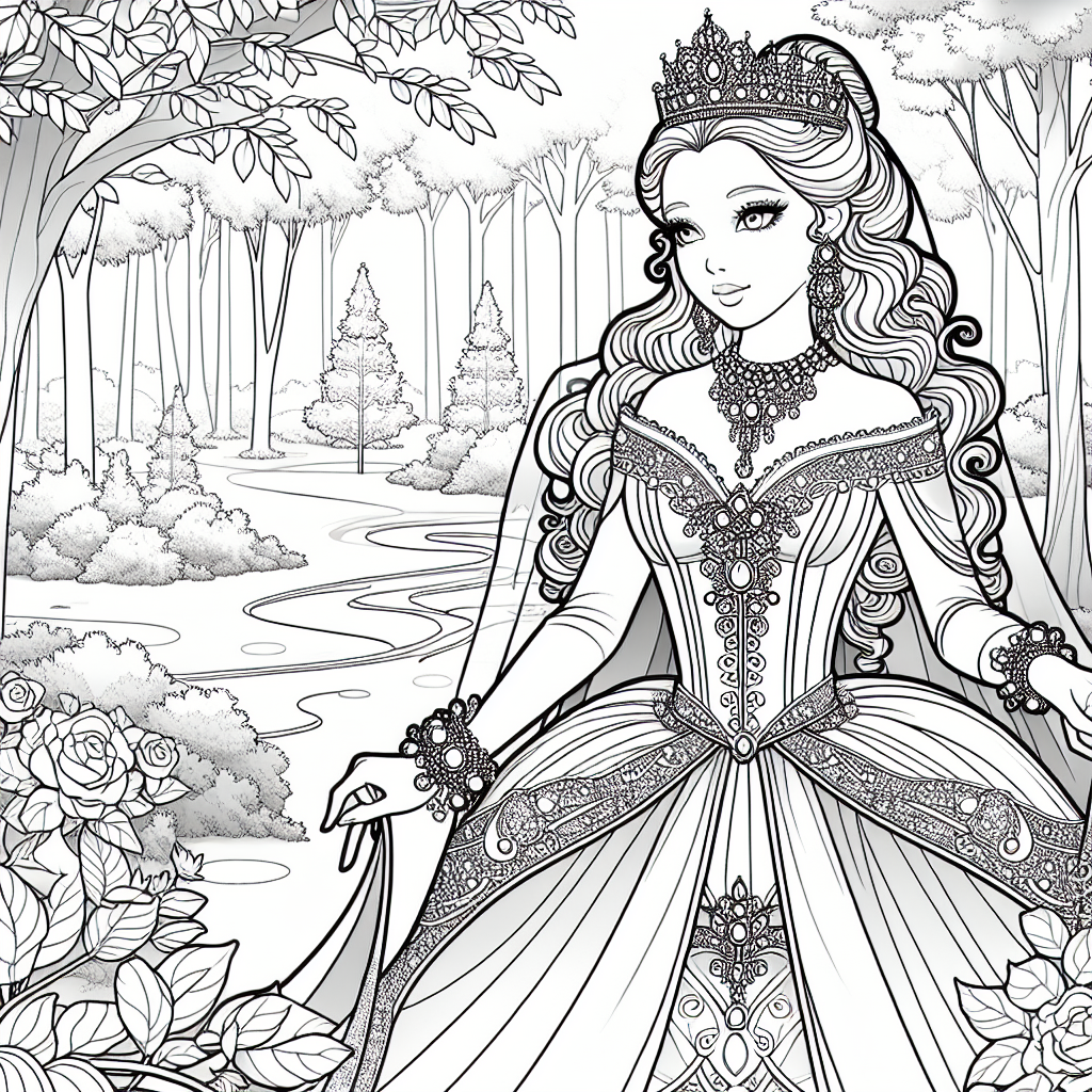 Coloring page of a princess, kind ruler walking in a garden