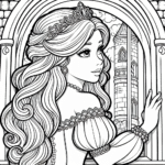 Page à colorier d’une princesse, noble protectrice regardant par la fenêtre d’une tour