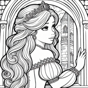 Coloring page of a princess, noble protector looking out of a tower window