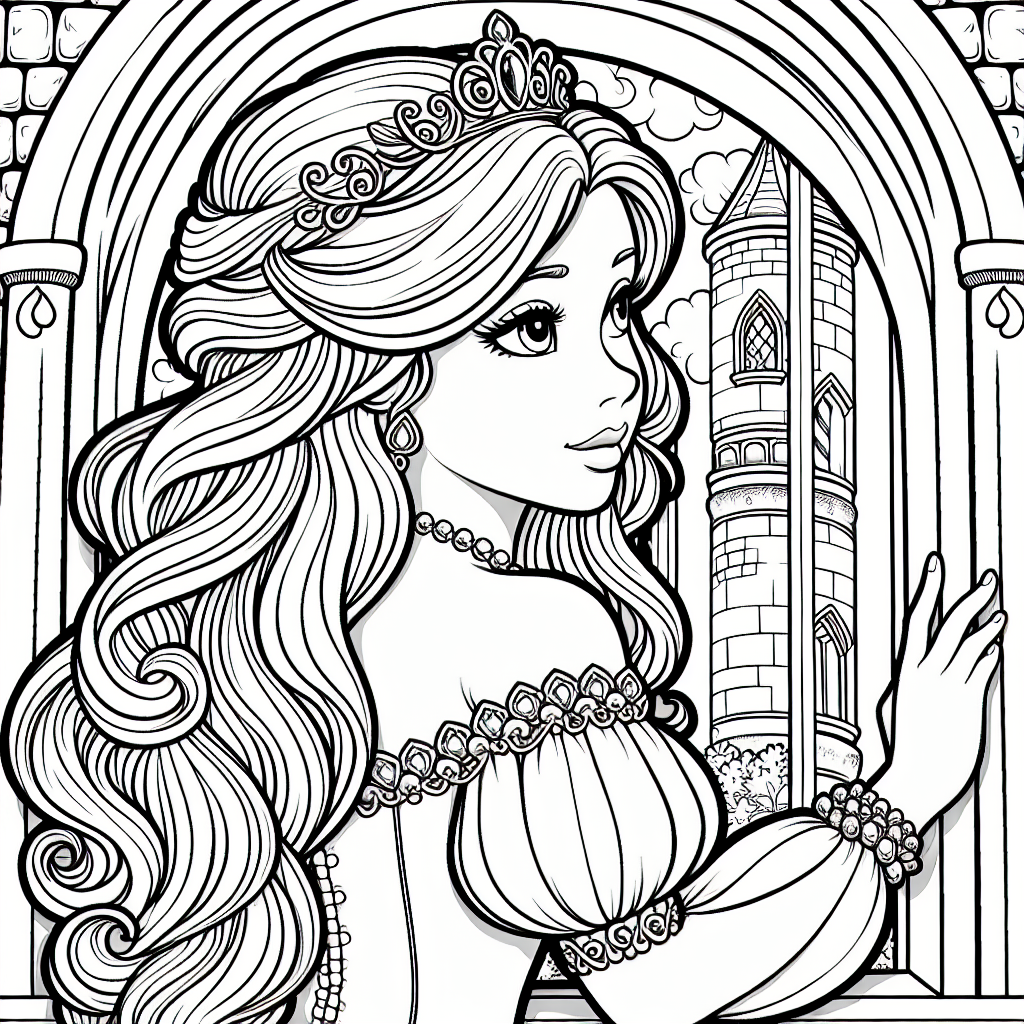 Coloring page of a princess, noble protector looking out of a tower window