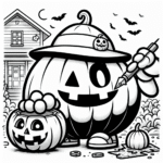 Coloring page of a pumpkin character, haunted house dweller carving a jack-o-lantern
