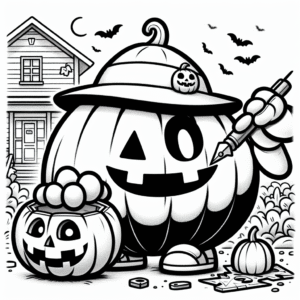 Coloring page of a pumpkin character, haunted house dweller carving a jack-o-lantern