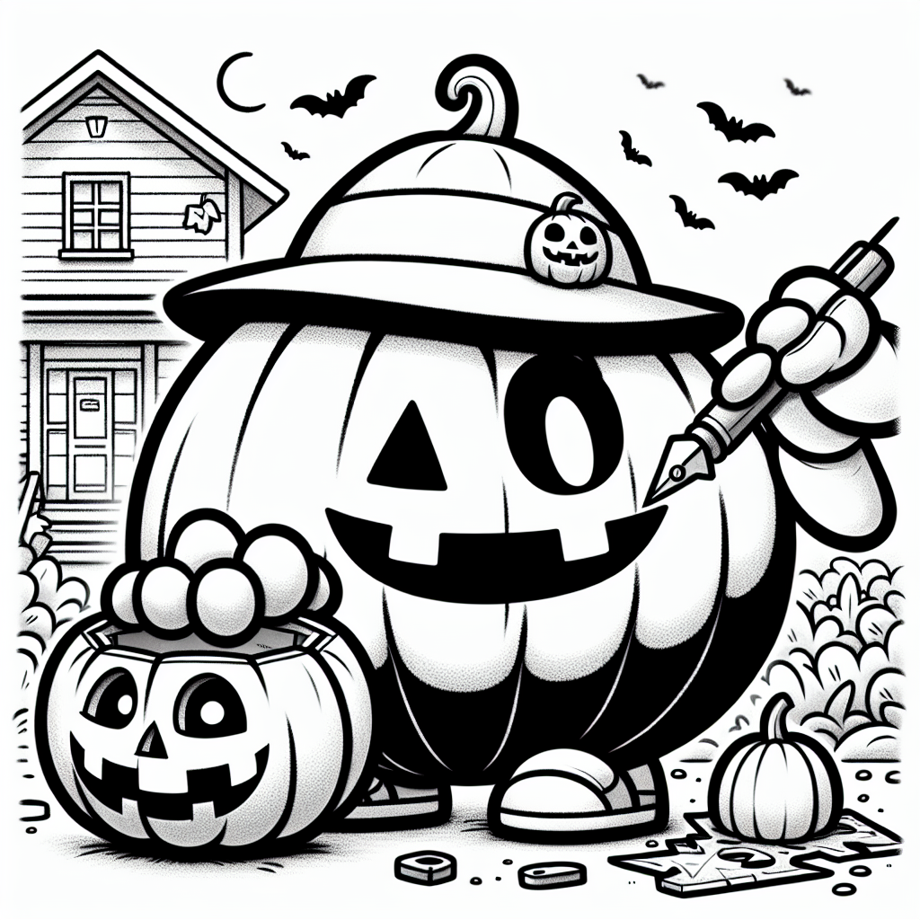 Page à colorier d'un personnage de citrouille, habitant de maison hantée, sculptant un jack-o-lantern