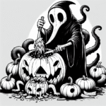 Coloring page of a pumpkin character, spooky monster carving a jack-o-lantern