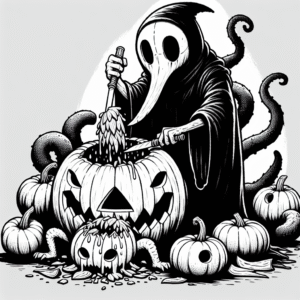 Coloring page of a pumpkin character, spooky monster carving a jack-o-lantern