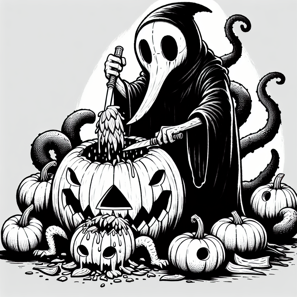 Page à colorier d'un personnage citrouille, monstre effrayant sculptant une citrouille d'Halloween