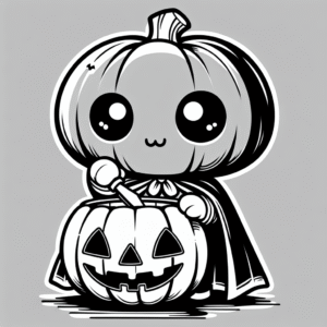 Coloring page of a pumpkin character, trick-or-treater carving a jack-o-lantern